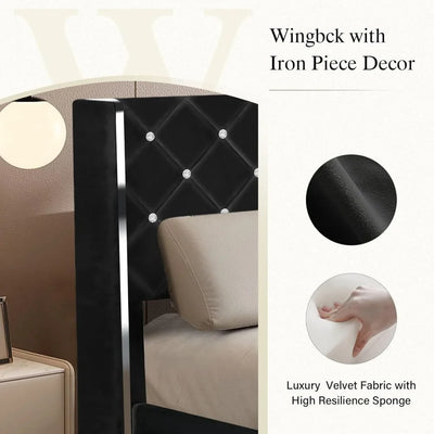 Queen Bed Frame with Headboard, Velvet Upholstered Bed with Wingback and Diamond Tufted Design, Wood Slat Support, No Box