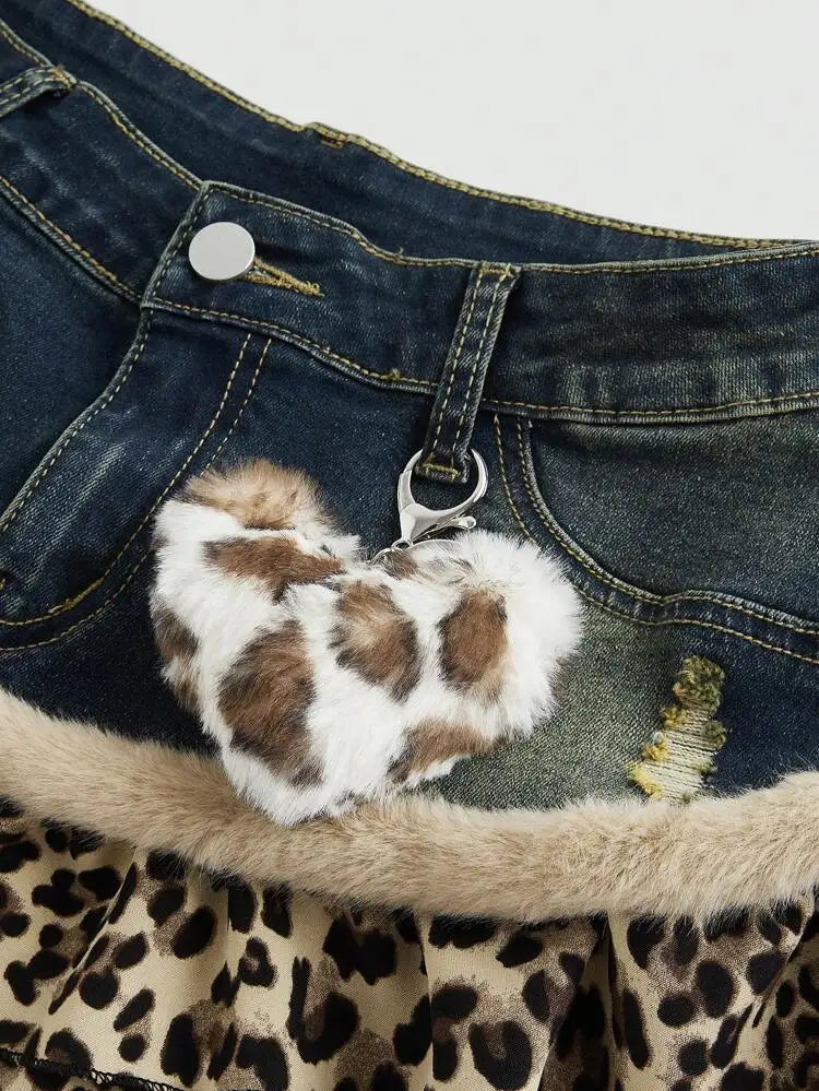 Harajuku Subculture Denim Leopard Print Splicing Y2k Skirt Kawaii Gothic Mini Pleated Skirt Casual Retro Streetwear Skirts Women