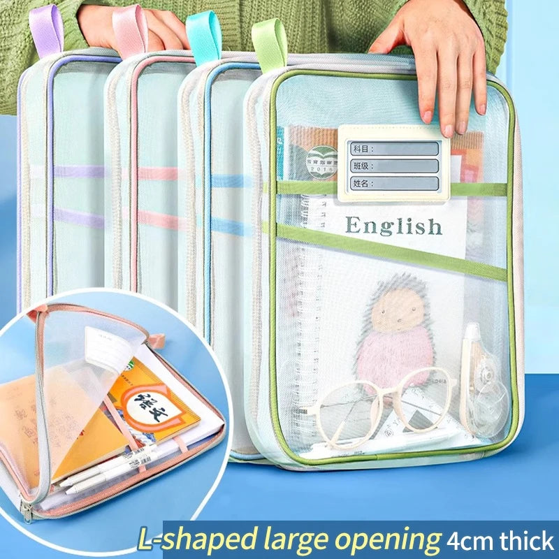3 Layers Stationery Storage Bag Stationery Mesh Zipper Bag File Folders Large Capacity Storage Bags School Office Organizer 파우치