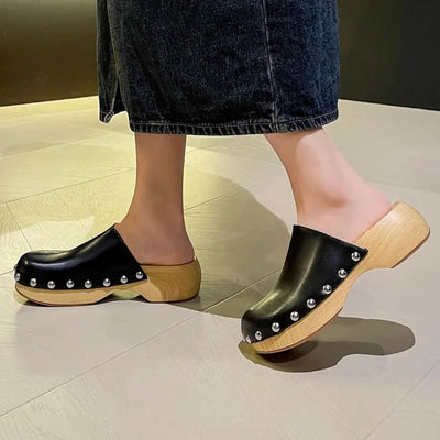 Women Imitation Cork Sole Mules Fashion Rivets Heels Platform Block Heel Soft Leather Slippers Round Toe Slip-on Casual Shoes