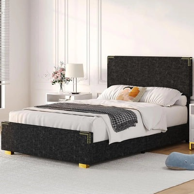 Bed Frames, Denim Texture Upholstered Bed Frame Full with Rivet Decorate Headboard and Headboard, Gold-Colored