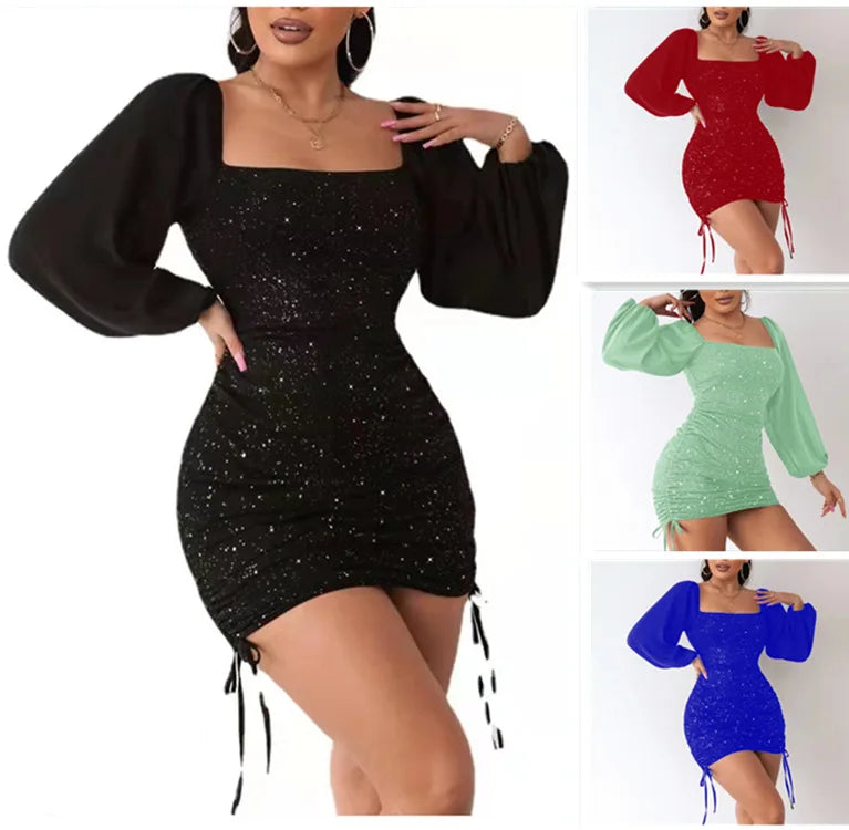 Women Summer Sexy Slim Fit Drawstring Square Collar Dress Long Sleeve High Waist Bodycon Mini Dress