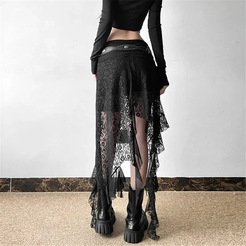 Y2K Goth Dark Irregular Hem Lace Patchwork Mid Skirts Women Streetwear Fairy Slim Pleat A-line Skirt Mall Goth Fashion Bottoms