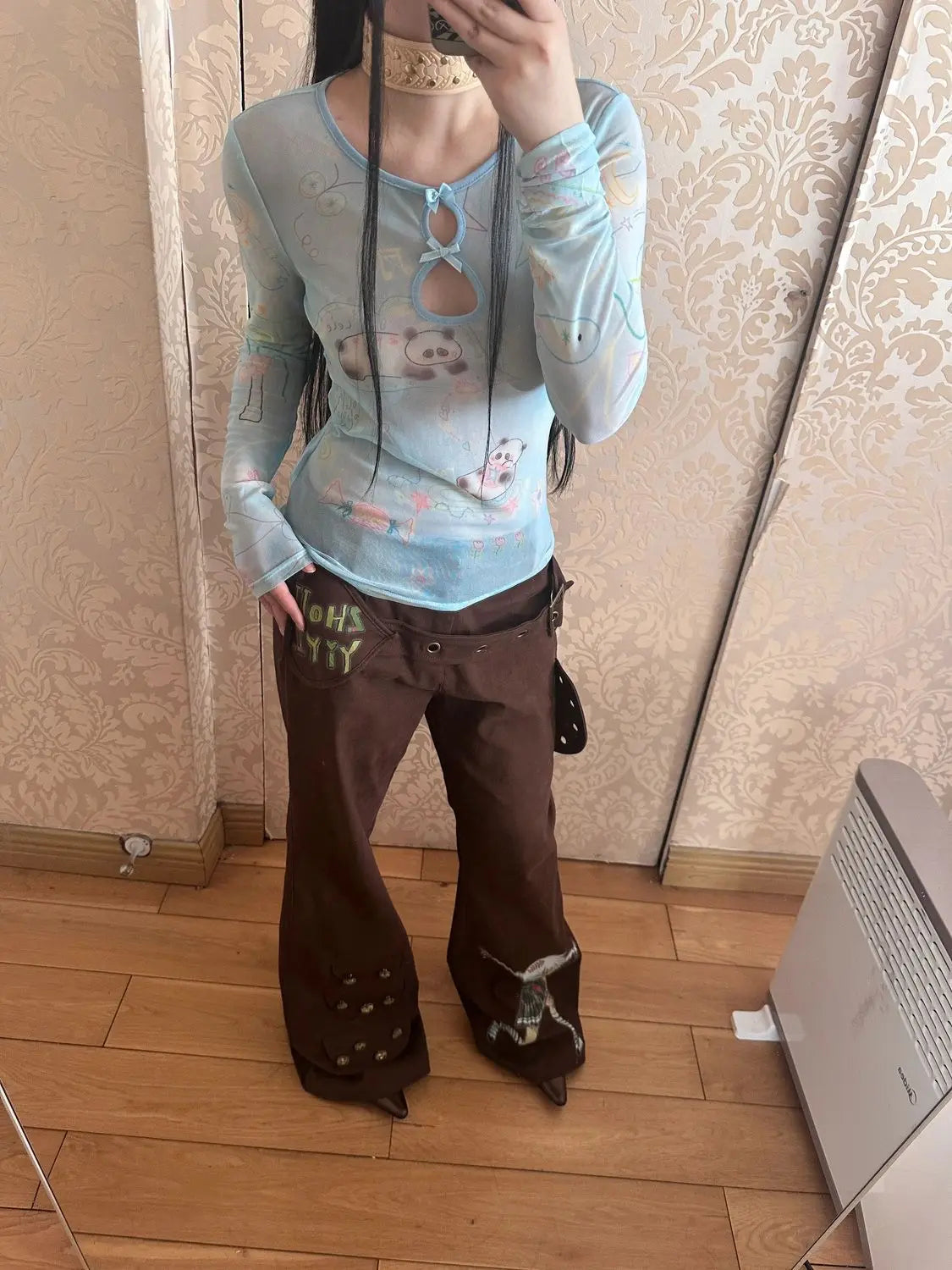 Yedinas Y2k Blue Mesh Tops Long Sleeve T Shirt Women Clothes Slim Spring Tops See Through Sheer Tshirts Grunge Aesthetics Tees