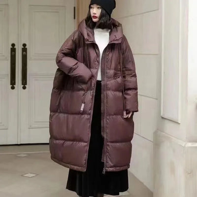Winter Hooded Drawstring Loose Puffer Jacket Women Solid Oversize Casual Silhouette Long White Duck Down Warm Coat 2024 New Coat