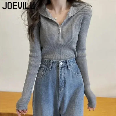 Zip Half Open Collar Knitted Sweater Spring and Autumn Long Sleeve Slim Bottom Shirt Women's Chic Top Pullover Y2k Korean Pulls