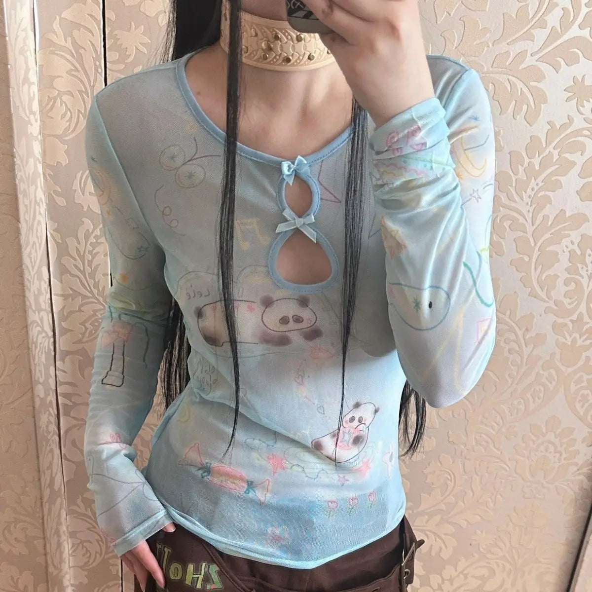 Yedinas Y2k Blue Mesh Tops Long Sleeve T Shirt Women Clothes Slim Spring Tops See Through Sheer Tshirts Grunge Aesthetics Tees