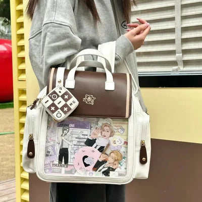 Y2K Cute Vintage Aesthetic Ita Backpack Women Large Capacity PU Student Knapsack JK Girl Transparent Bag Fashion Preppy Rucksack