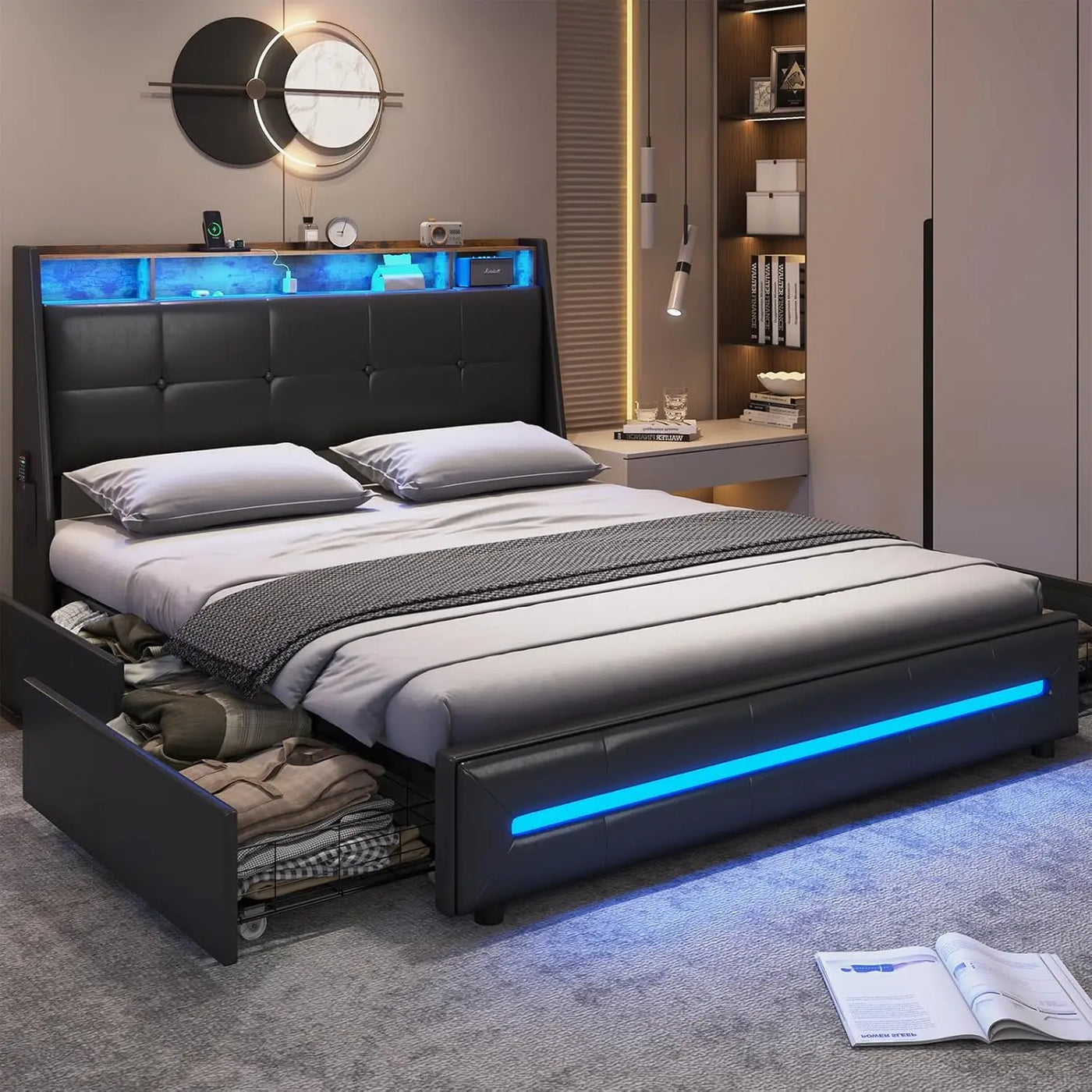 MSmask Full Black Platform Bed with Storage, LED Lights, USB Ports, 4 Drawers, Wingback Headboard - Modern Style, No Box Spring