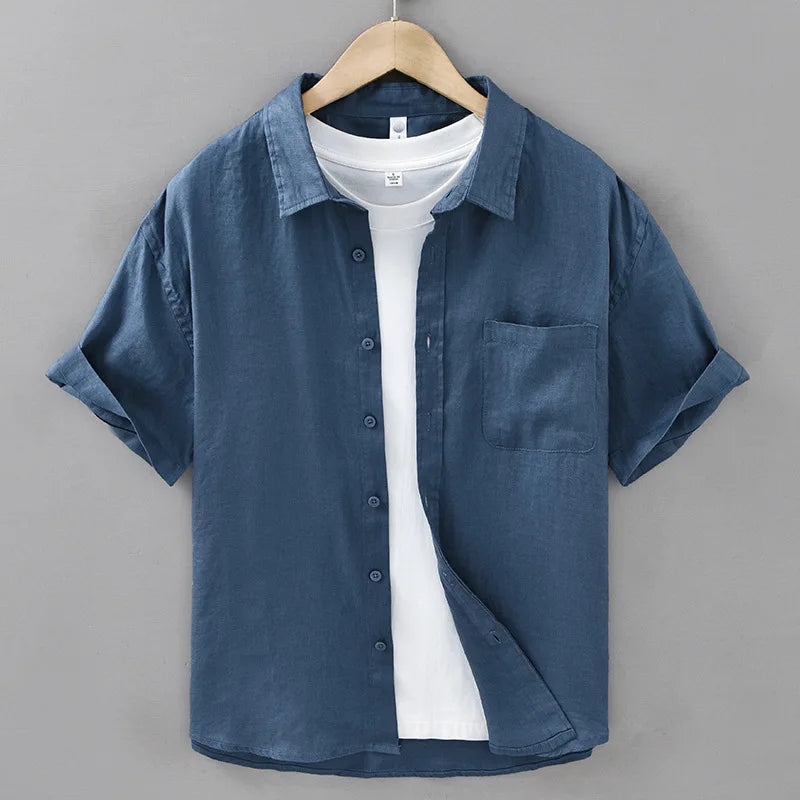 2025 Summer New Breathable Thin 100% Linen Short Sleeve Shirt for Men Casual Turn-down Collar Classic Shirt DC927