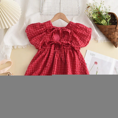Summer Rose Pink Plaid Bow Dress Elegant Lolita Child Girls Dress Children Dresses Teens Party Princess Sundress Kids Clothes