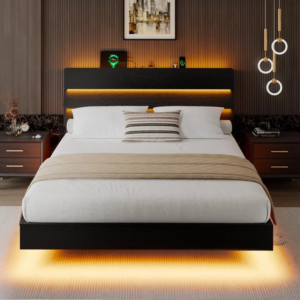 Queen Floating Bed Frame with LED Lights & Charging Station, Platform Bed with Wooden Storage Headboard, Steel Slats Sup
