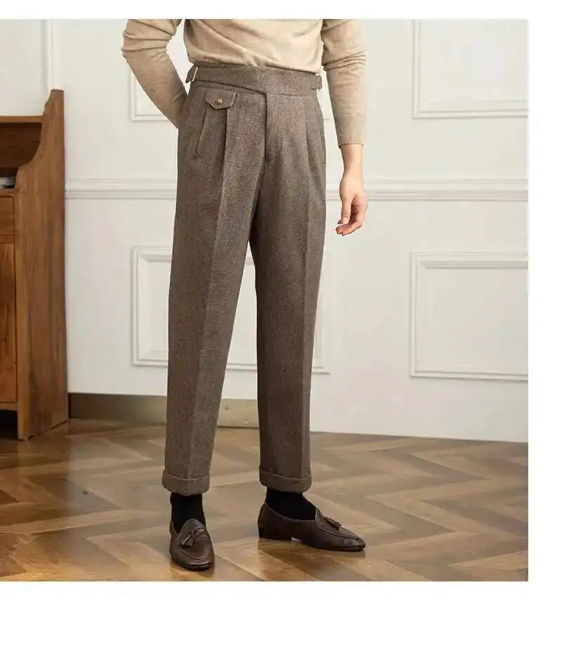 2023 Autumn Winter Men's Warm Retro Straight Trouser Male Casual British High Waist Pants Office-trousers Dress Pant Trousers