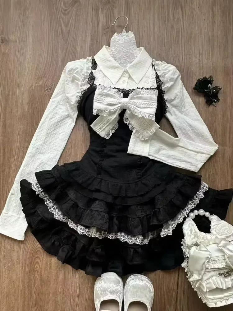 Japanese Sweet Preppy Style 2 Piece Set Women Kawaii Lace Patchwork Bow Tops + Y2k Plaid Mini Skirt Elegant Fashion Outifits New