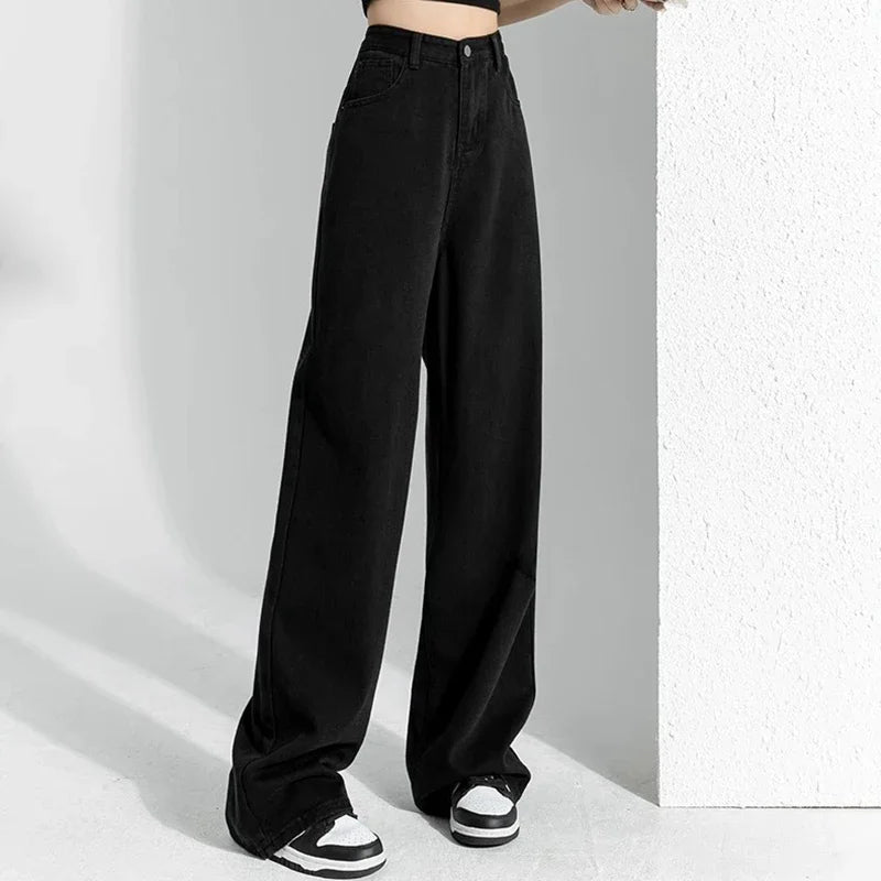 Woman High Waist Stacked Straight Leg Jeans Female Gothic Loose Wide Leg Pants Girls Y2k Black Blue Light Blue Denim Trousers