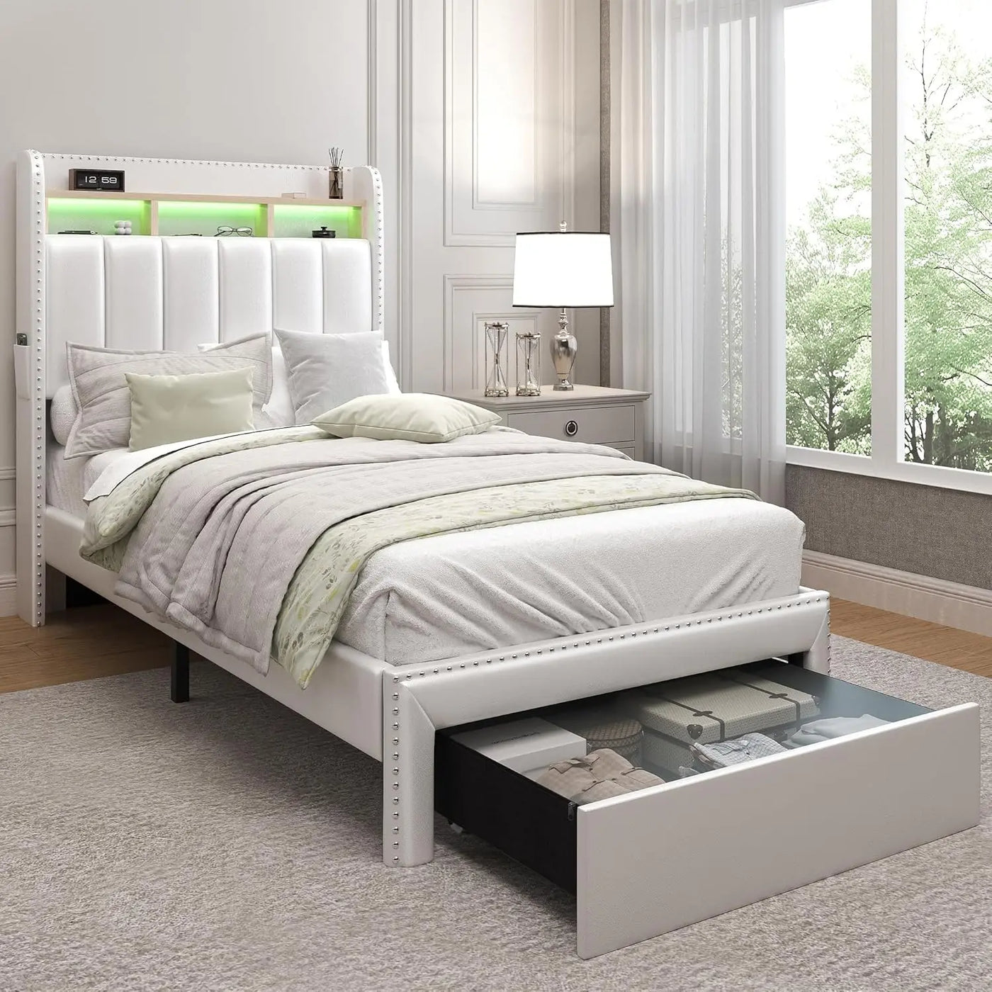Queen LED Bed Frame with 2 Drawers, Modern Platform Beds with 2 Tier Linen Upholstered Storage Wingback Headboard, Channel