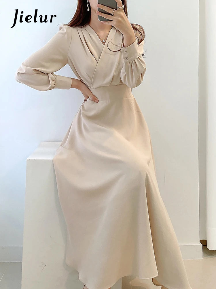 Jielur Harajuku V-neck Puff Sleeve A-line Maxi Dress Woman Solid Color Midi Robe Korean Office Dresses Elegant Spring Dress Lady