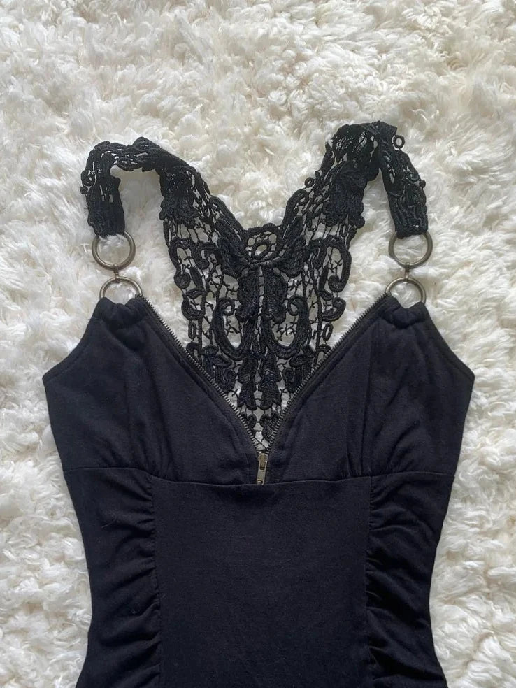Y2k Sling T-shirt Woman Clothing Lace Sexy Vintage Backless Aesthetics Zipper Harajuku Grunge V-Neck Streetwear Crop Top Summer
