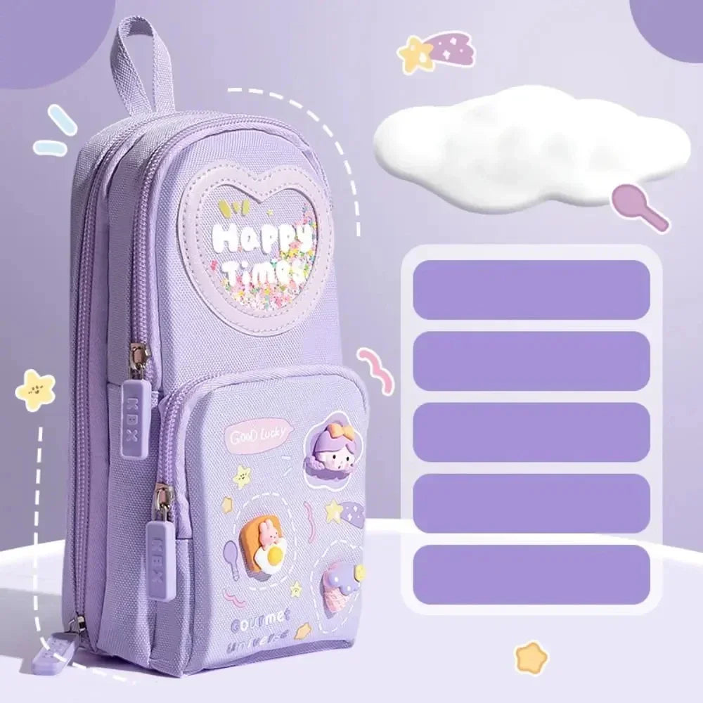 3Layer 6 Pockets Large Capacity Schoolbag shape Pencil Case Pencil Bag Aesthetic Stationery Holder Bag Girls Zipper Pencil Pouch