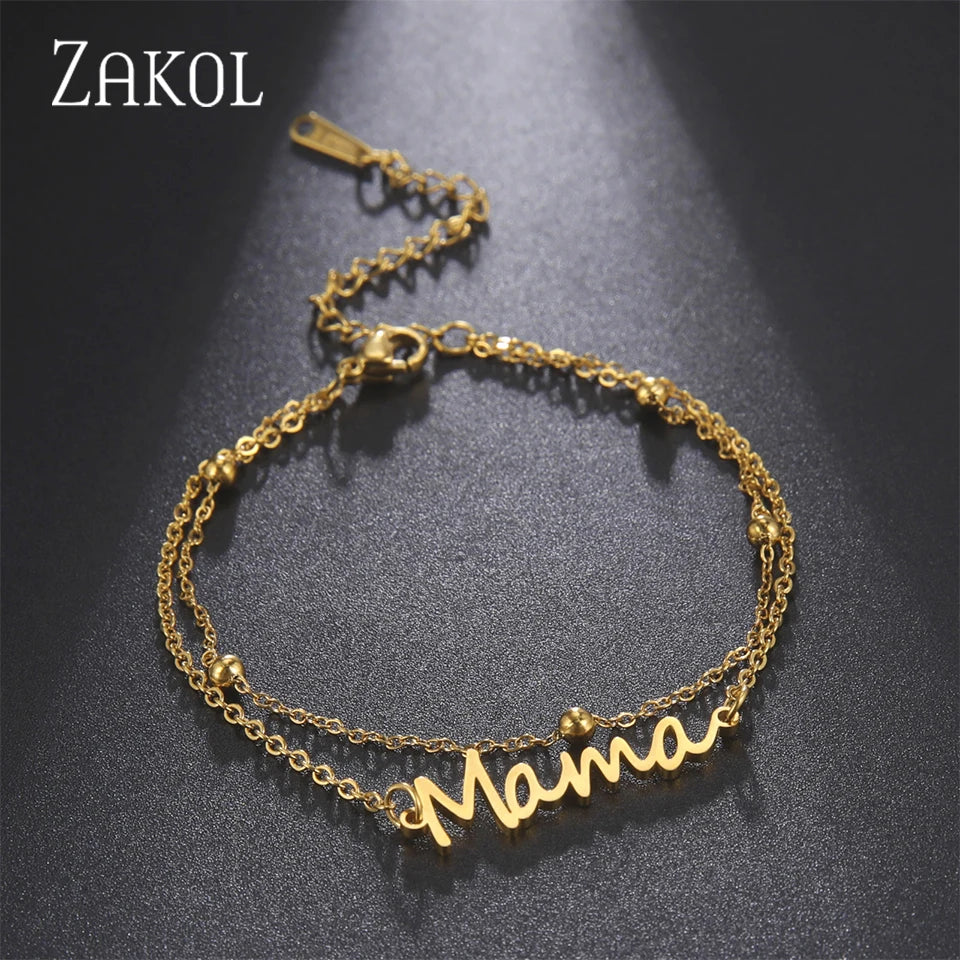 ZAKOL Fashion Stainless Steel Double Chain Bracelet for Women Mama Letter Mother's Day Jewelry Gift Wholesale