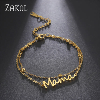 ZAKOL Fashion Stainless Steel Double Chain Bracelet for Women Mama Letter Mother's Day Jewelry Gift Wholesale