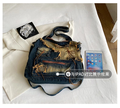 Denim Y2k Womens Shoulder Bag Vintage Washed Distressed Fashion female Messenger Bag Large Capacity ladies Handbag Sac totes