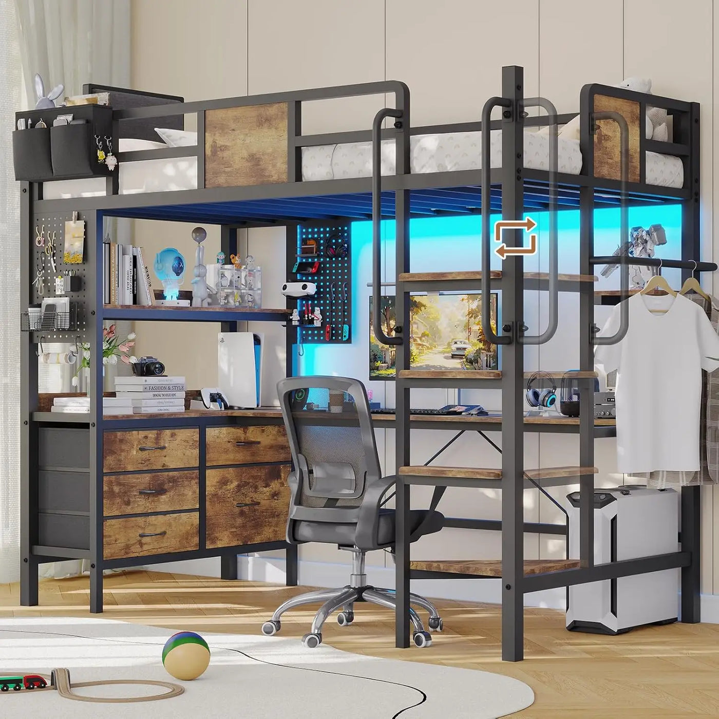 Loft Bed with L-Shaped Desk Full Size,Full Size Bed Frame with 5 Storage Drawers, Bunk Bed with Desk,1 Bedside Organizer