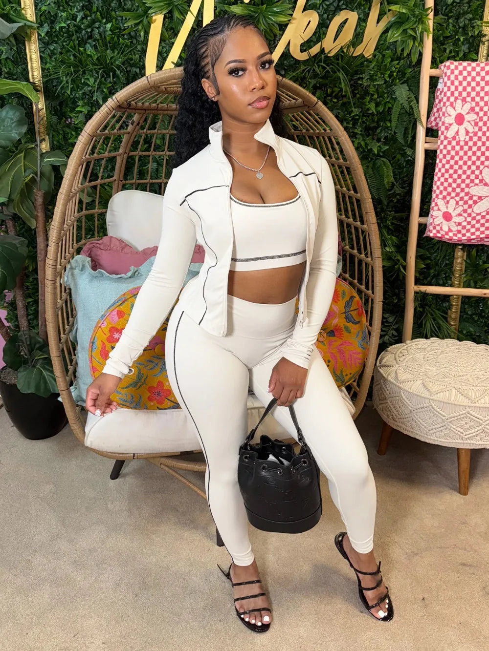 FLARORA Casual Sporty Three Piece Sets Woman Stripe Patchwork Sleeveless Vest+Jacket+Pant Outfits Female Yoga Fitness Tracksuits