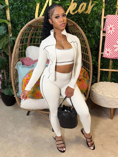 FLARORA Casual Sporty Three Piece Sets Woman Stripe Patchwork Sleeveless Vest+Jacket+Pant Outfits Female Yoga Fitness Tracksuits