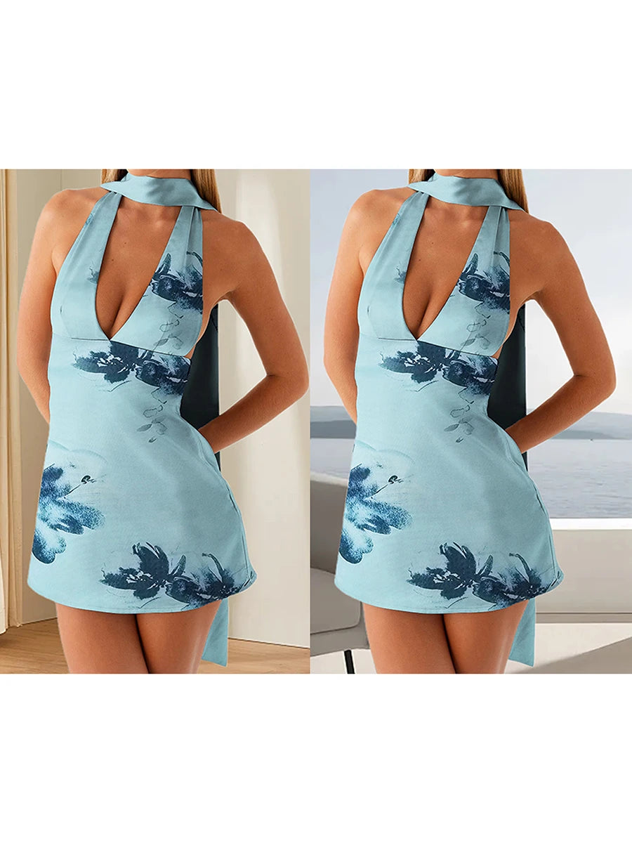 Women's Halter Dress with Collar Stylish Solid/Floral Print Deep V Neck Sleeveless Mini A-Line Dress 2 Pcs Set