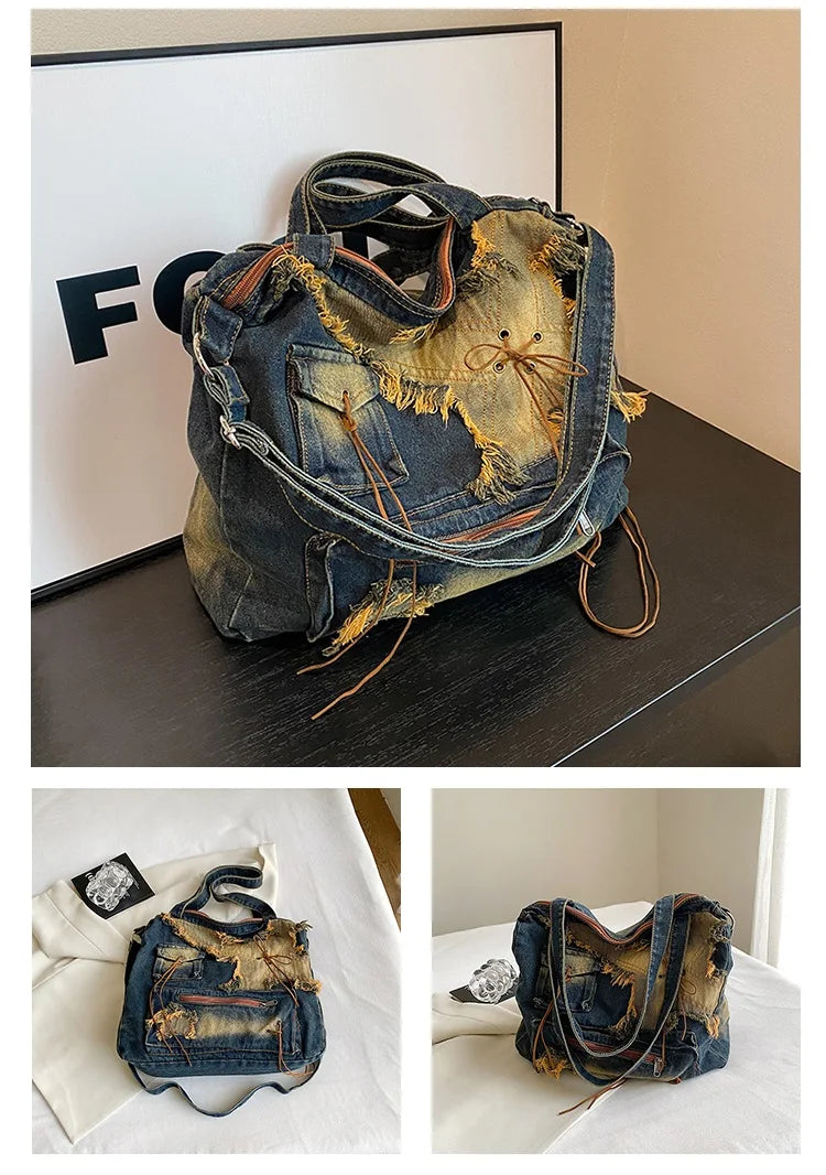 Denim Y2k Womens Shoulder Bag Vintage Washed Distressed Fashion female Messenger Bag Large Capacity ladies Handbag Sac totes
