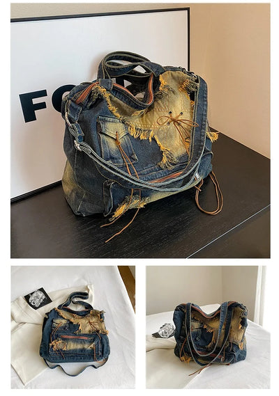 Denim Y2k Womens Shoulder Bag Vintage Washed Distressed Fashion female Messenger Bag Large Capacity ladies Handbag Sac totes