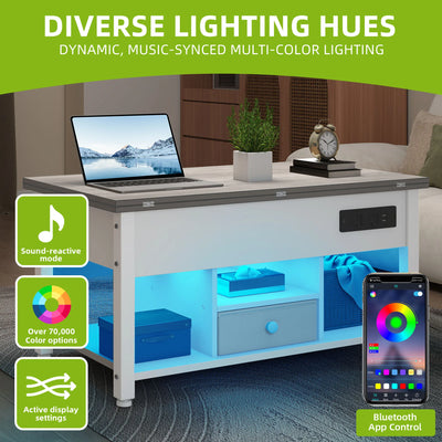 White & Grey 4-in-1 Coffee Table - Adjustable Height, Converts to Dining Table with Storage & LED Lighting