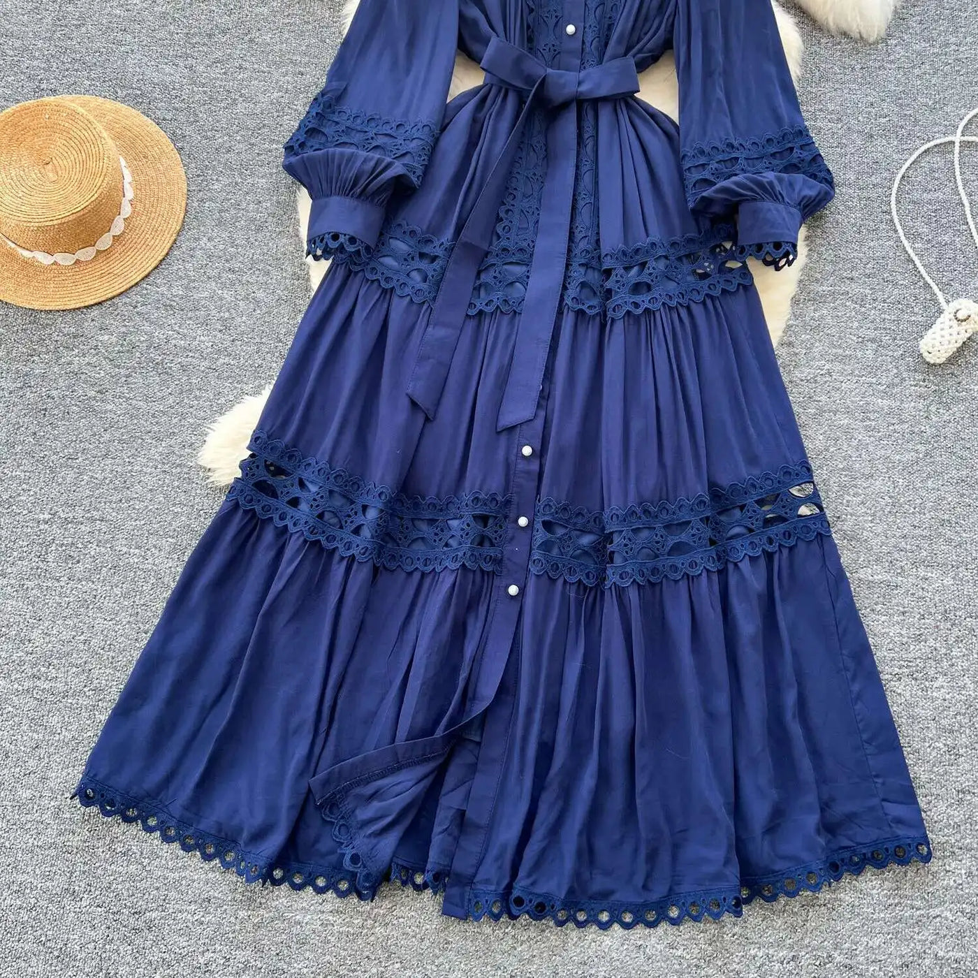 Elegant Long Maxi Hollow Out Dress Shirt Women Summer Autumn Palace Retro Pearl Button Embroidery Crochet Evening Party Vestidos