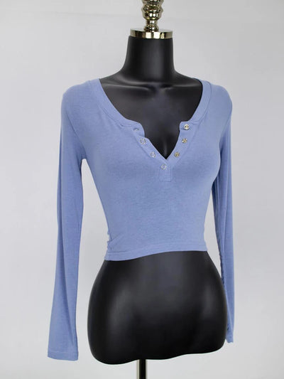 Button V-Neck Sexy Crop Top female long Sleeve Sashion Solid Color lady Tees Comfy Summer Basic Chic Thin T shirt See Through