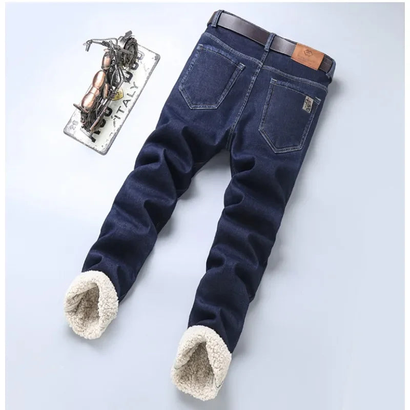 Men's Wool Velvet Jeans Winter Fleece Thickened Business Casual Straight Denim Pants Soft Cozy Thermal Stretch Trousers Male