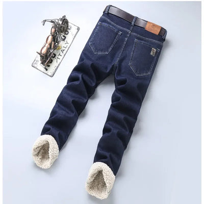 Men's Wool Velvet Jeans Winter Fleece Thickened Business Casual Straight Denim Pants Soft Cozy Thermal Stretch Trousers Male