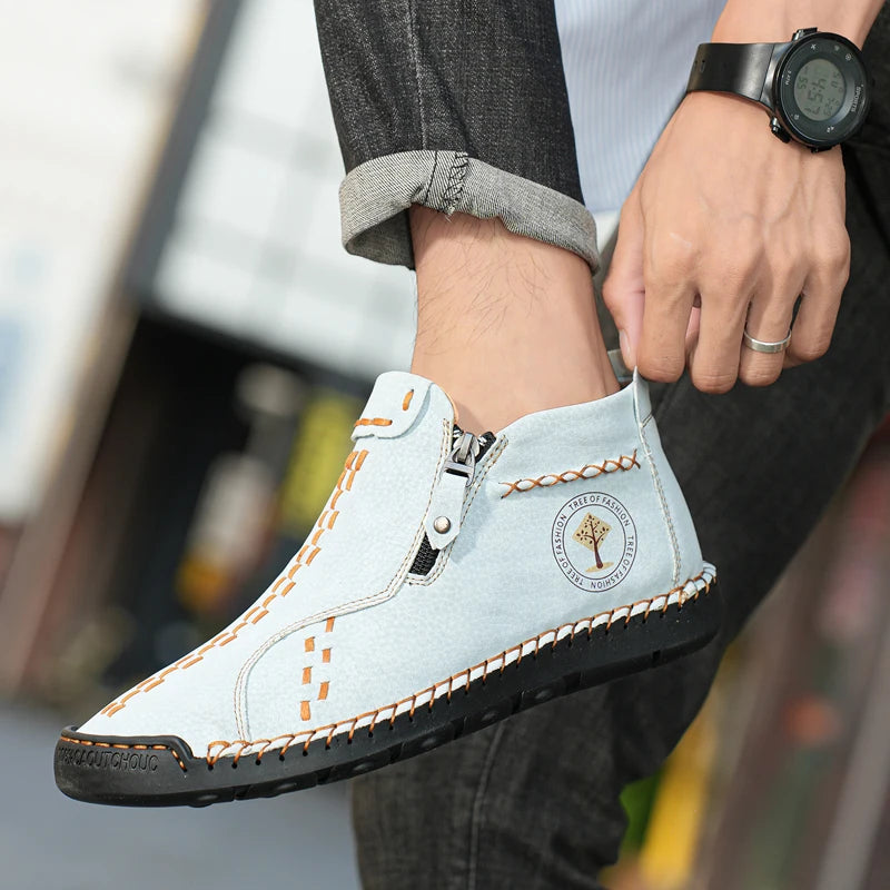 Handmade Leather Casual Shoes For Men Sneakers Men Flat Footwear Zipper Leather Boots Men Ankle Plus Size 39-48