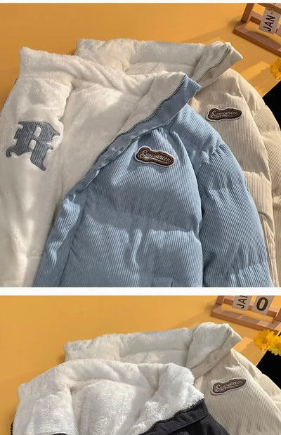 Fog Blue Cotton-padded Coat Men's Winter Thickened Hong Kong Style Corduroy Cotton Jacket Design Sensibility Niche 2023 Workwear