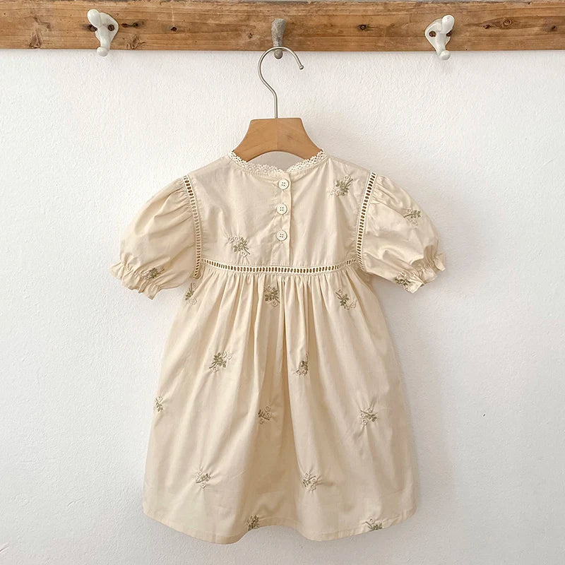 1-6Yrs Summer Girls Dress Embroider Lace Collar Kids Girls Dress Pure Cotton Thin Short Sleeved Children Girls Princess Dress ﻿