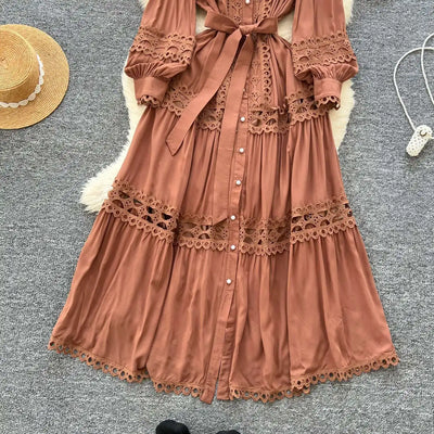 Elegant Long Maxi Hollow Out Dress Shirt Women Summer Autumn Palace Retro Pearl Button Embroidery Crochet Evening Party Vestidos