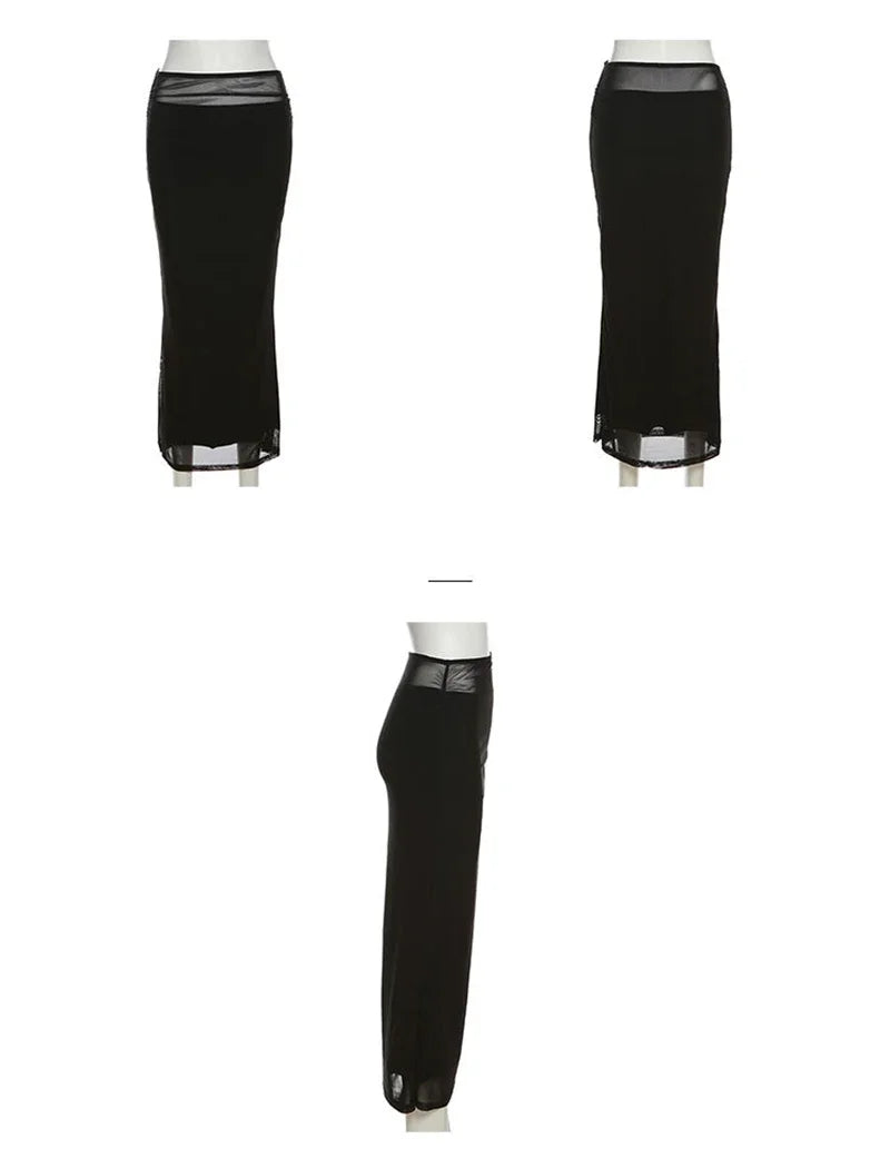 Y2K Black Long Skirts Women Harajuku Sexy Mesh Patchwork Wrap Skirt Summer Gothic Korean High Waist Slim A Line Faldas New