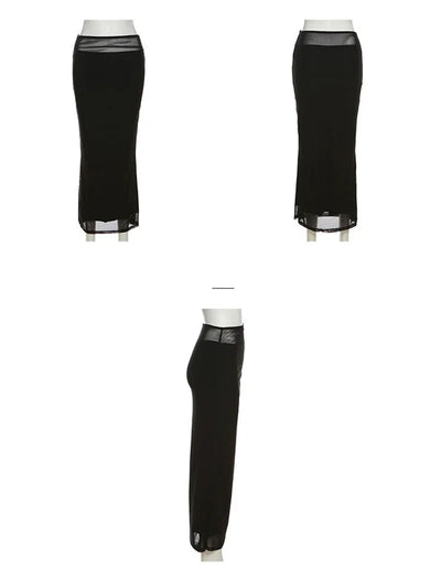 Y2K Black Long Skirts Women Harajuku Sexy Mesh Patchwork Wrap Skirt Summer Gothic Korean High Waist Slim A Line Faldas New