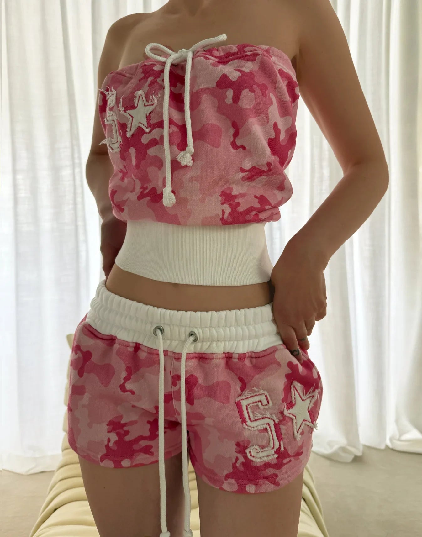 Y2k New Strapless Two Piece Set Women Fashion Summer Camouflage Digital Embroidery Strapless Top Gothic Punk Slim Sexy Shorts