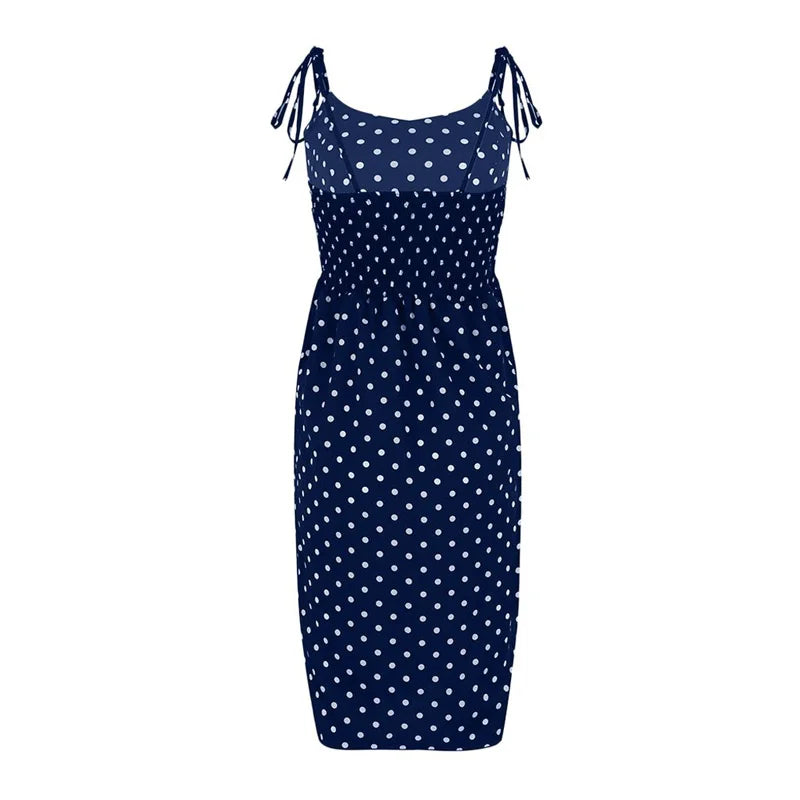 Dresses 2024 Sundress Summer Women Causal Polka Dot Sleeveless High Pleated elastic waist V-Neck Beach Dress Vestidos De Verano