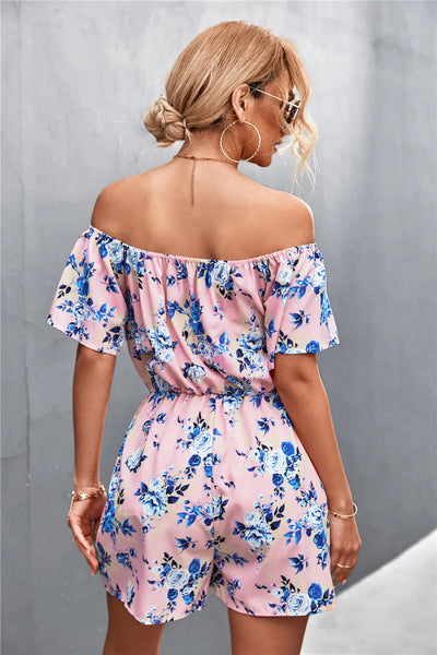 Summer Woman Playsuits Flowers Printed Sexy Off Shoulder Slim Romper Jumpsuit Women Short Sleeve Holiday Beach Playsuit