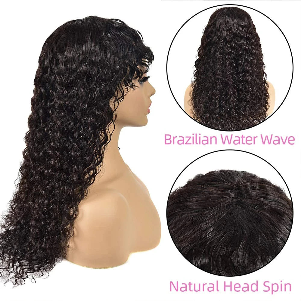 12A Cheap Water Wave Brazilian Human Hair Wig With Bangs Machine Made Wigs for Black Women Deep Wave Curly Wigs On Promotion