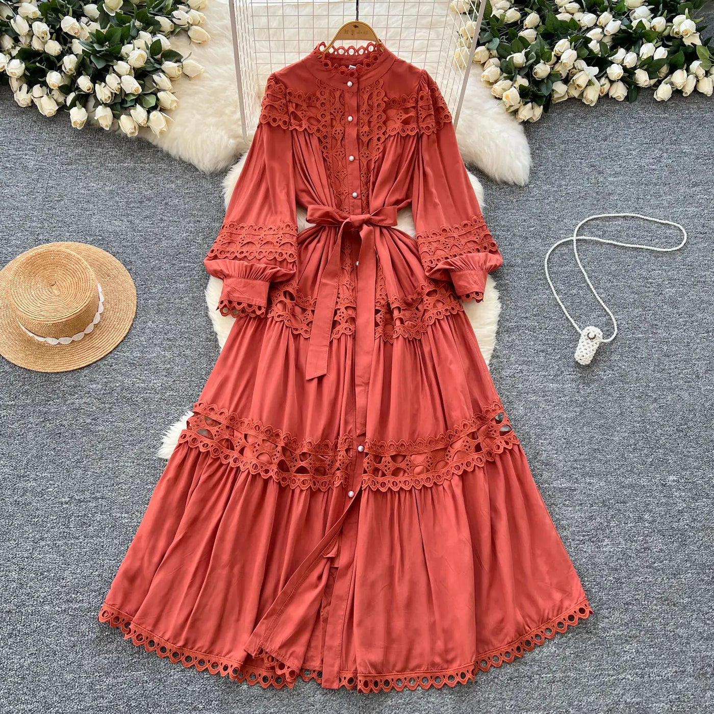 Elegant Long Maxi Hollow Out Dress Shirt Women Summer Autumn Palace Retro Pearl Button Embroidery Crochet Evening Party Vestidos
