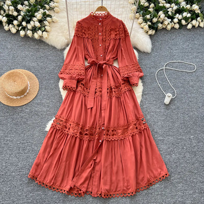 Elegant Long Maxi Hollow Out Dress Shirt Women Summer Autumn Palace Retro Pearl Button Embroidery Crochet Evening Party Vestidos