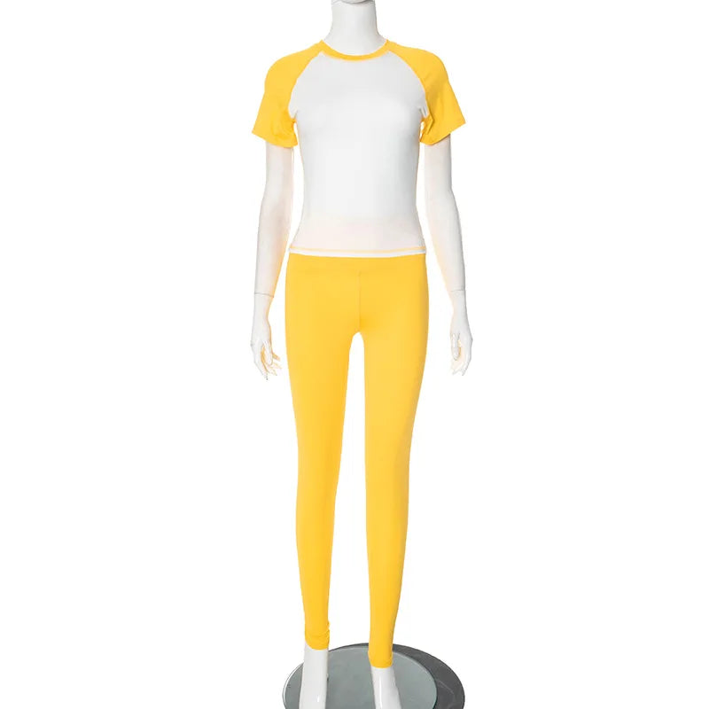 Weird Puss Casual Sporty 2 Piece Set Women Contrast Patchwork Short Sleeve T-Shirts+Skinny Stretch Sweatpants Simple Tracksuits